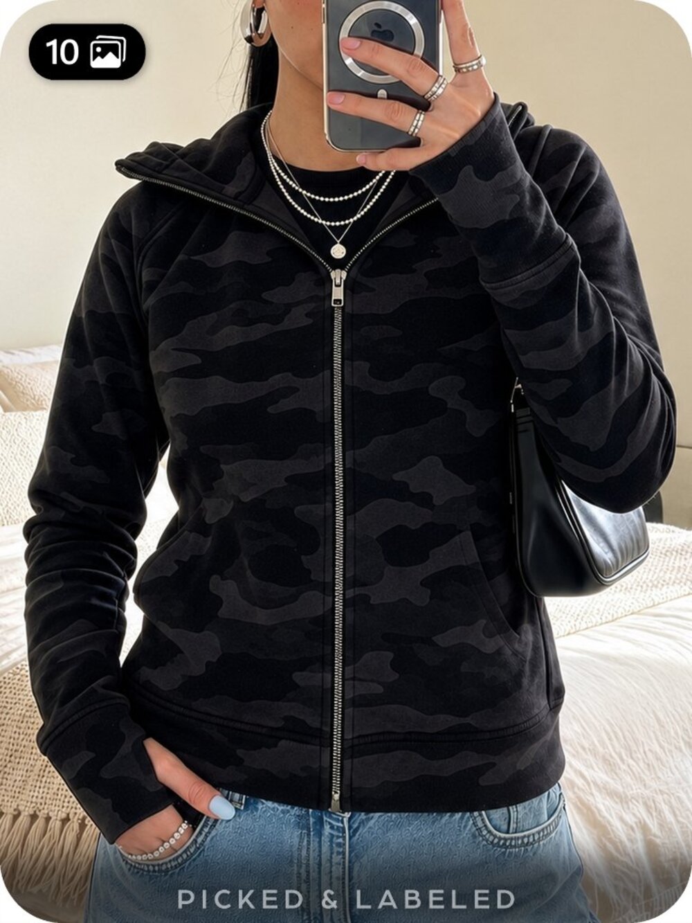 Lululemon Scuba Full Zip Hoodie Women's Size 10 Black Gray Camo W4BPBS